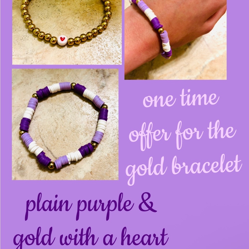 Gold and Purple Beaded Bracelet with Heart Charm